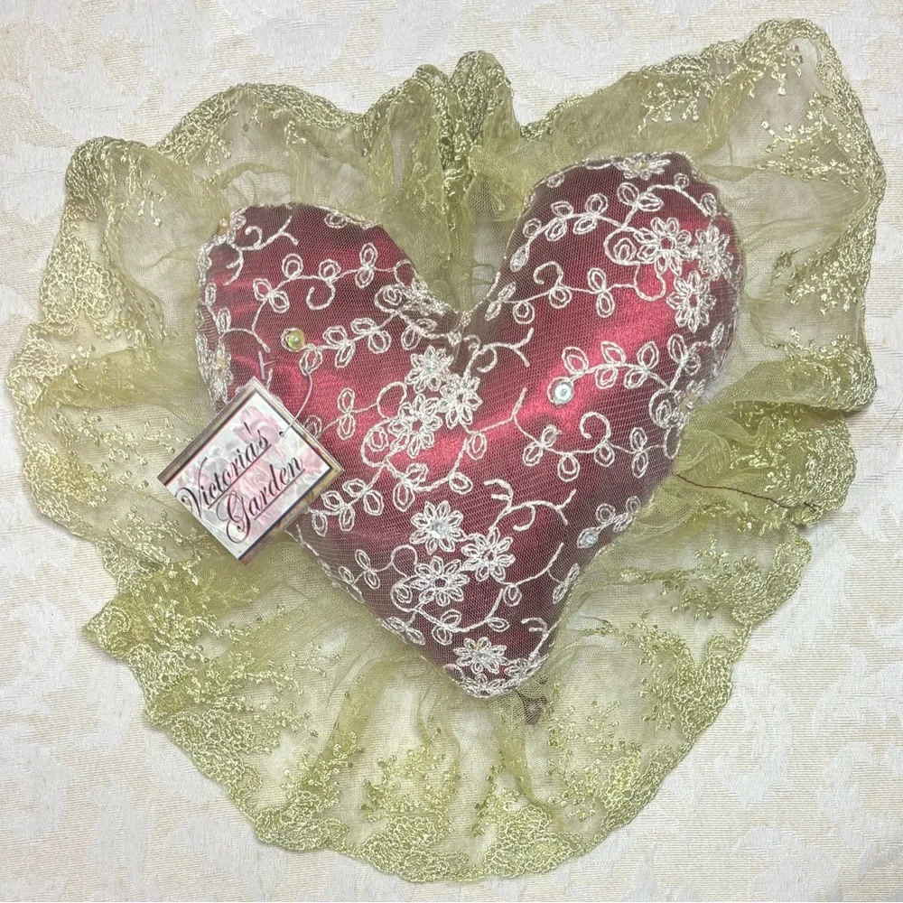 Victorian “French Lovers” Handmade Lace Heart Pillow Vintage Cottage Core Décor